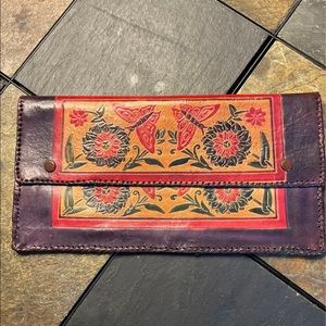 Embossed Hand tooled, Hand Painted, leather clutch